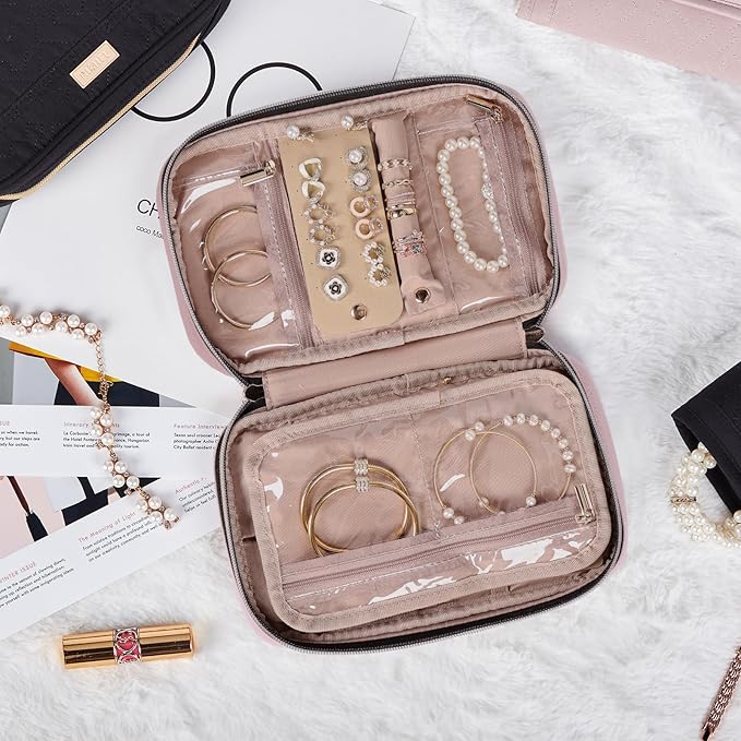 NISHEL Travel Jewelry Case, Holiday Organizer for Necklaces, Earrings, Rings, Bracelets, Watch, Peach Pink