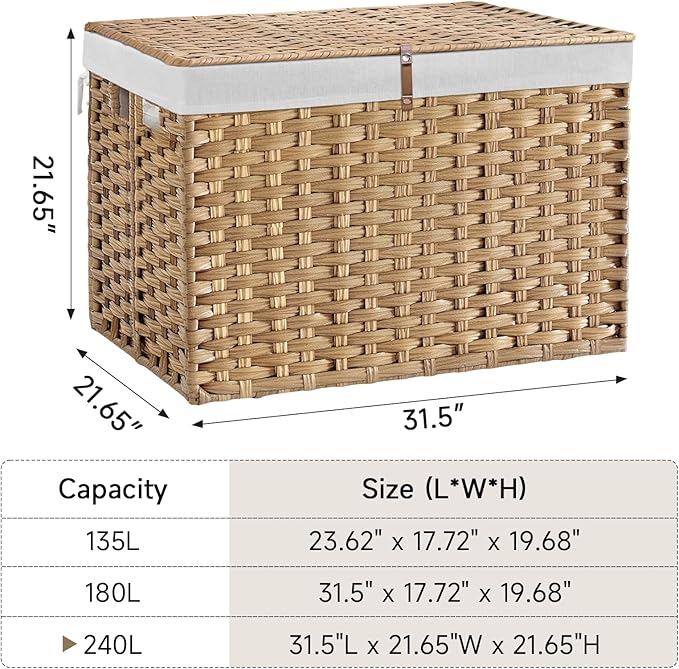 240L Wicker Storage Basket with Lid, Handwoven Rattan Large Shelf Basket with Removable Liner, 47.6 Gallon Wicker Basket for Blanket, Storage Trunk with Handle for Closet, Bedroom, Livingroom, Natural