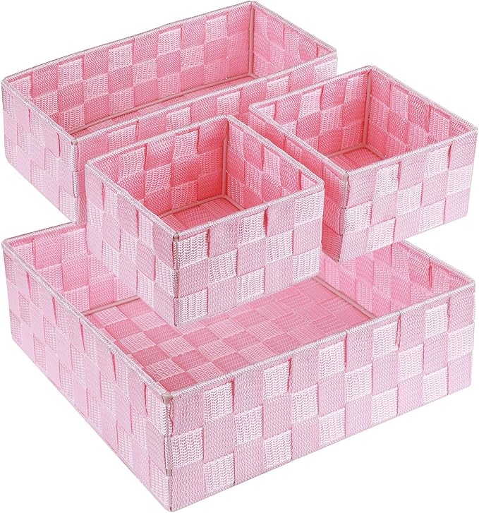 Posprica Woven Storage Baskets for Organizing, Small Baskets Cube Bin Container Tote Organizer Divider for Drawer, Closet, Shelf, Dresser, Set of 4(Pink)