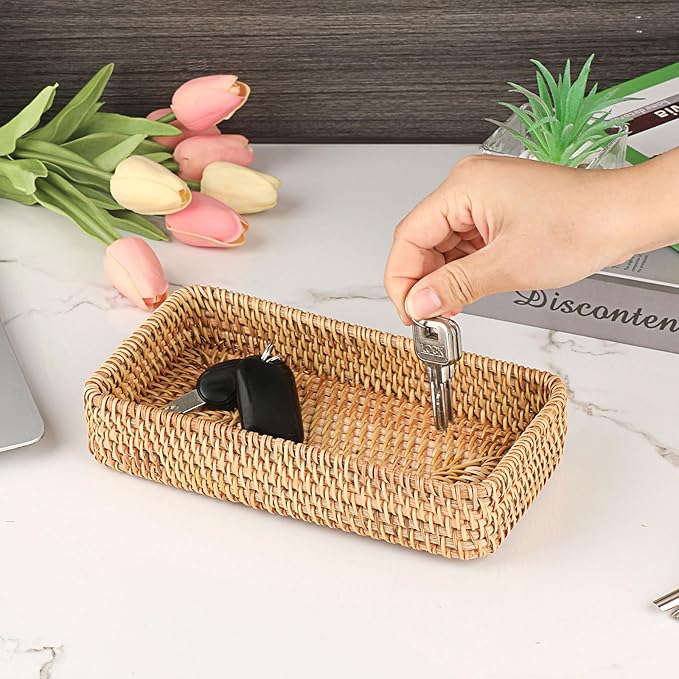 Hipiwe Key Basket for Entryway Table Natural Rattan Serving Tray Small Wicker Trays for Decor Fruit Bowl Decorative Baskets for Kitchen,Coffee Table