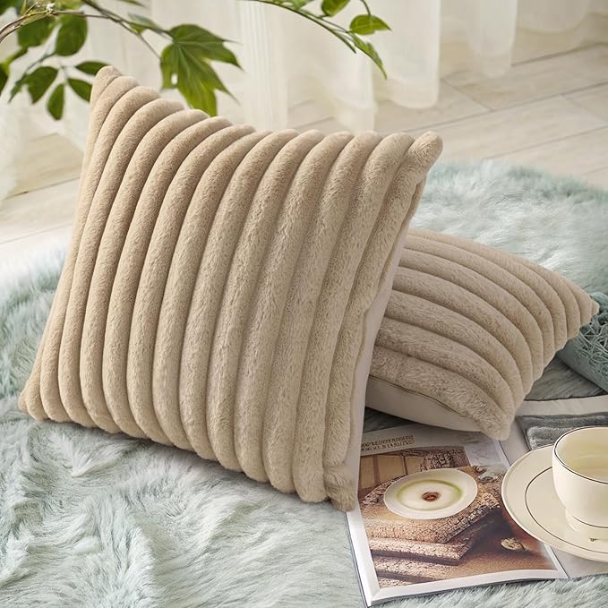 decorUhome Faux Fur Spring Throw Pillow Covers 18x18 Set of 2, Decorative Soft Plush Striped Neutral Couch Pillow Covers with Velvet Back for Sofa, Bed, Living Room Home, Khaki Brown