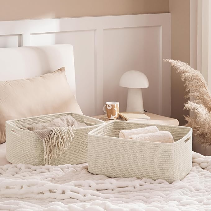 UBBCARE 2 Pack Large Woven Storage Baskets for Organizing, Clothes/Towel/Sweater Organizer for Closet, Storage Baskets Bins for Shelves, Blanket Basket, 17''Lx13''Wx7.5''H, Beige