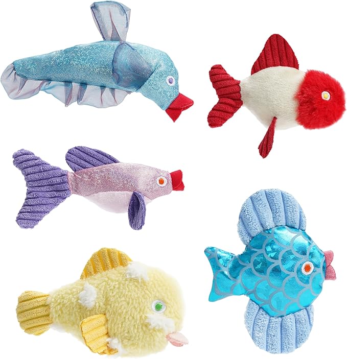 Nocciola Catnip Toys, 5 Pack Cat Toys for Indoor Cats with 100% Natural Catnip, Cotton-Free Kitten Toys in Assorted Colors, Soft Surface, Teething, Chewing & Kicker Floppy Fish Cat Toys