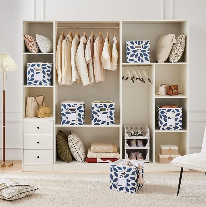 MAX Houser Fabric Storage Bins Cubes Baskets Containers with Dual Plastic Handles for Home Closet Bedroom Drawers Organizers, Flodable, Blue, Set of 4