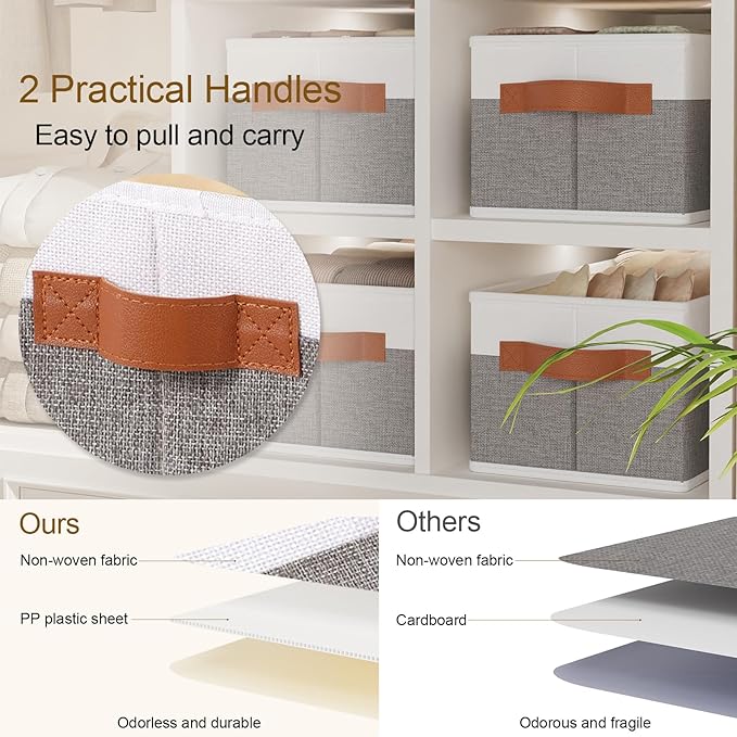 Collapsible Storage Bins 5-Pack, Foldable Baskets for Organizing, Clothes Boxes with Handles, Fabric Cubes Containers, White and Gray, 15 x 6 x 5 Inch