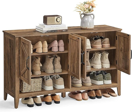 VASAGLE LIRY Collection - Shoe Cabinet, 3-Tier Storage Organizer, Shoe Shelf, Farmhouse Freestanding Cabinet, Height-Adjustable Shelf, 13.8 x 47.2 x 27.6 Inches, Honey Brown ULBC039B01