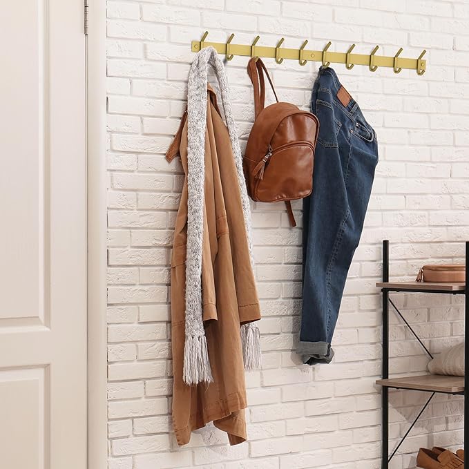 Brushed Gold Wall Mounted Coat Rack – 24 Inch Stainless Steel Rail with 8 Double Coat Hooks for Entryway, Bathroom, Bedroom, Kitchen – Modern Gold Hook Rack for Coats, Hats, Towels