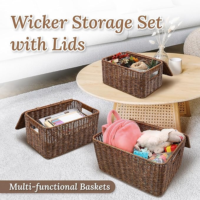 Baskets with Handles, Wicker Storage, Shelf Boxes for Organizing, Stackable Woven Bins, Decorative Lidded Resin, Set of 3, Toffee
