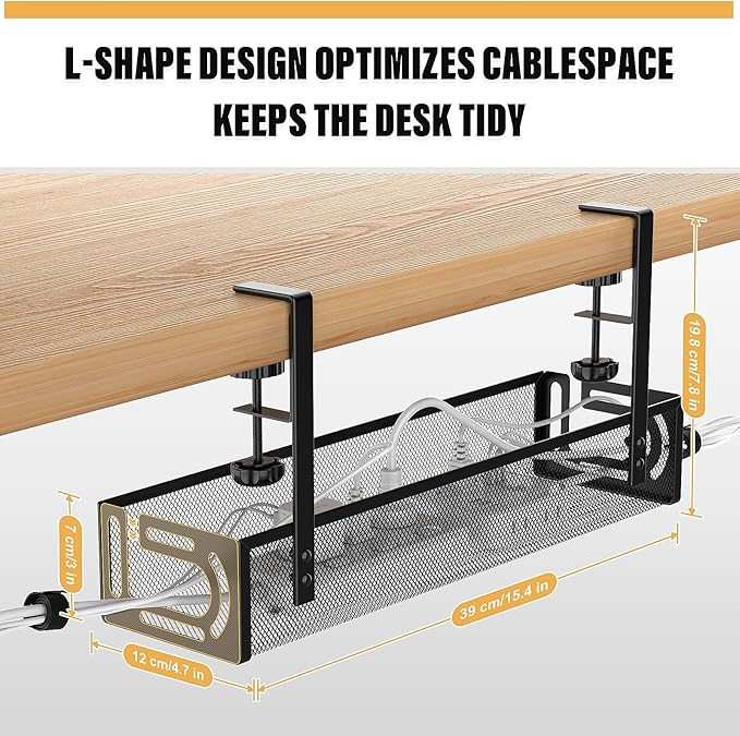 2 Pack Under Desk Cable Management Tray No Drill, Metal Mesh Cable Tray with Clamp for Desk Wire Management, Cord Organizer Box for Office, Home