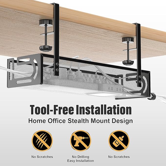 2 Pack Under Desk Cable Management Tray No Drill, Metal Mesh Cable Tray with Clamp for Desk Wire Management, Cord Organizer Box for Office, Home