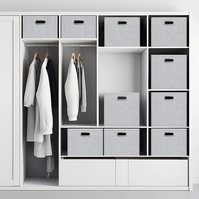 Posprica Closet Organizers and Storage, 4 Pack Large Linen Storage Bins, Decorative Shelf Storage Baskets for Organizing, Foldable Fabric Storage Box for Clothes, Toy, 15x10.5x8.25 Inch(Grey)