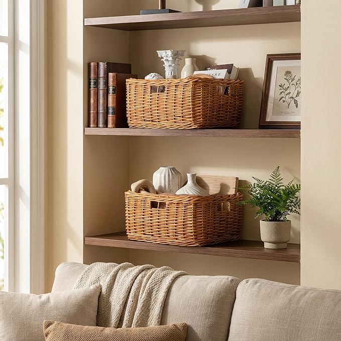 StorageWorks Pantry Baskets, Willow Storage Baskets for Organizing, Shelves, Pantry Organizers and Storage, Light Brown, 16 ½"L x 13"W x 7 ½"H