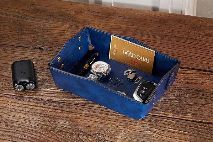 Leather Bedside Storage Tray - Jewelry Organizer for Girl's Key, Wallet, Coin Box - Travel PU Valet Tray (Dark Blue)