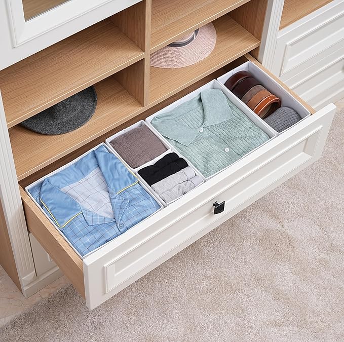 TYEERS Drawer Organizers, Durable Fabric, Washable, with Base Support Boards, Small Storage Boxes for Bathroom, Closet, Dresser, Set of 12, White