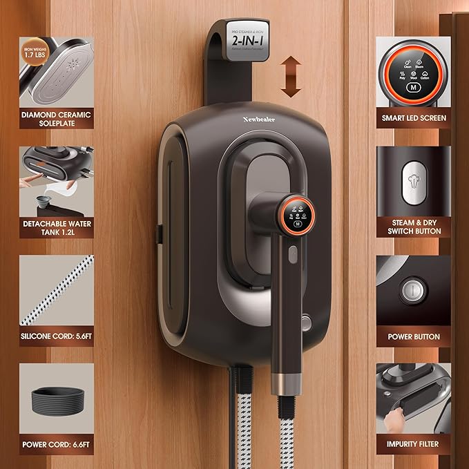 Newbealer 2In1 Pro Steam Station Iron, 1550W Turbo 3-level Steam & 3 Dry Heat Modes for Clothes, 30s Heat Up, 1.2L Tank, Auto-Off, Self Cleaning, Innovative Storage for Home & Hotel (Brown)