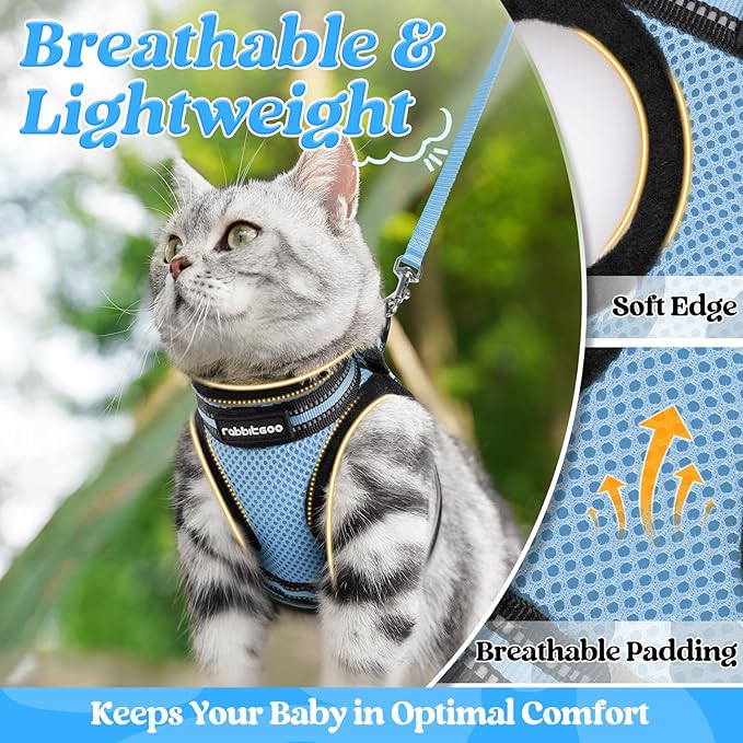 rabbitgoo Cat Harness and Leash Set for Walking Escape Proof, Adjustable Soft Kittens Vest with Reflective Strip for Cats, Comfortable Outdoor Vest, Light Blue, M