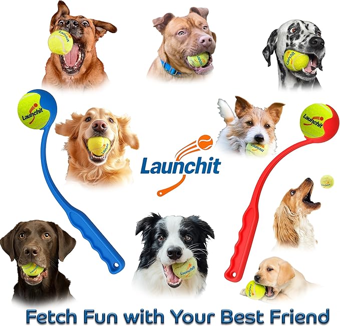 Dog Ball Thrower Launcher, Tennis Ball Launcher, for Small Large Dogs Compact Design 13.8" Stick with Medium 2.5" (Blue)