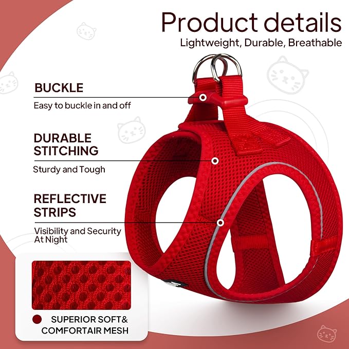 TwoEar Dog Vest Harness Reflective, No-Pull Pet Harness Easy Control with Breathable Mesh, Soft Puppy Step-in Harness No-Choke for Outdoor Walking, Training for Small Dogs, Cats(XS, Red)