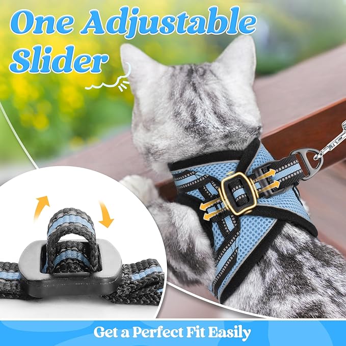 rabbitgoo Cat Harness and Leash Set for Walking Escape Proof, Adjustable Soft Kittens Vest with Reflective Strip for Cats, Comfortable Outdoor Vest, Light Blue, XL