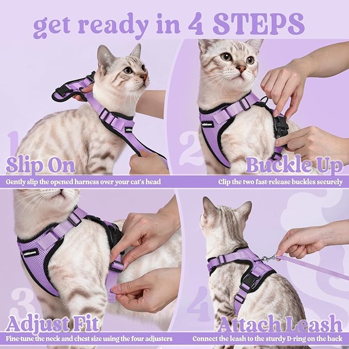 rabbitgoo Cat Harness and Leash for Walking, Escape Proof Soft Adjustable Vest Harnesses for Cats, Easy Control Breathable Reflective Strips Jacket, Light Purple, M