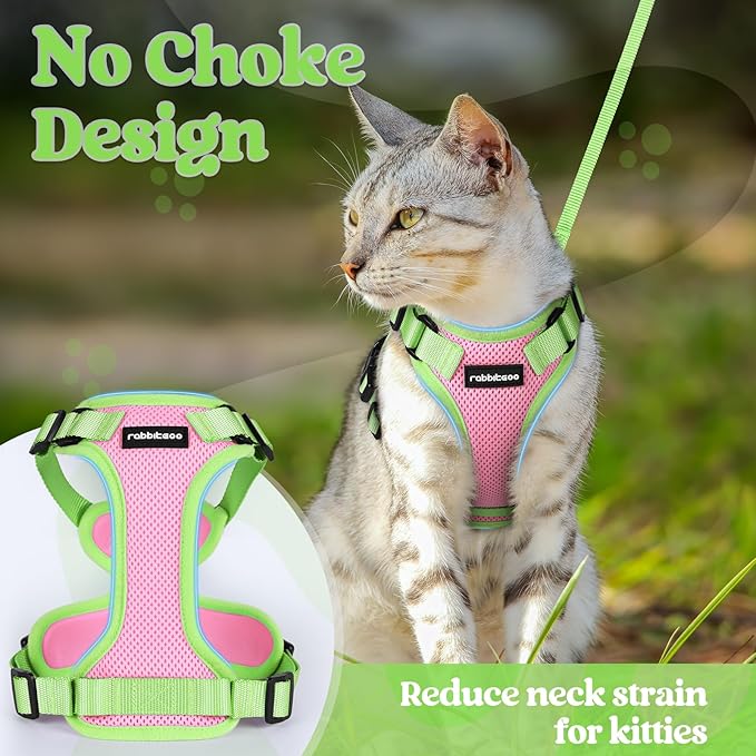 rabbitgoo Cat Harness and Leash Set, Escape Proof Soft Adjustable Vest Harnesses for Outdoor Walking, Easy Control Breathable Kitten Jacket with Reflective Strips, Pink & Light Green, S