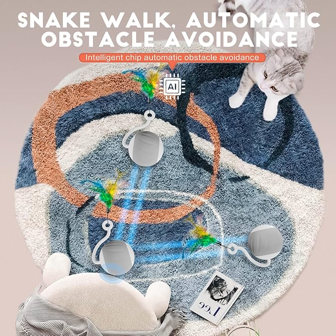 Interactive Cat Toys Ball - Electric Automatic Toys for Indoor cats, LED Lights and Toys Feather Tail with Sound Activated and Touch, USB Rechargeable, 2peeds Mode for Bored Kittens/Adult Cats/Ferret