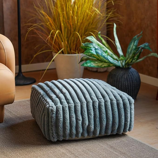 Unstuffed Pouf Ottoman Cover Soft Storage Extra Seat Farmhouse Comfortable Bohemian Poufs Accent Footrest 20x20x8 Inches for Living Room Bedroom Study Nook (Gray B, Square)