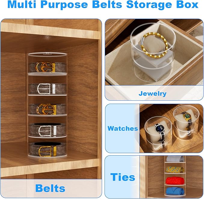Belt Organizer, 5-Tier Acrylic Belt Storage & Holder for Closet - Clear Jewelry Organizer Case, Space Saving Display for Belts, Ties