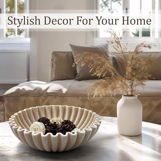 Ruffle Decorative Bowl, Large Fruit Bowl for Kitchen Counter, Stylish Key Bowl for Entry Table, Handcrafted Home Decor Display bowl, Artificial Stone Beige