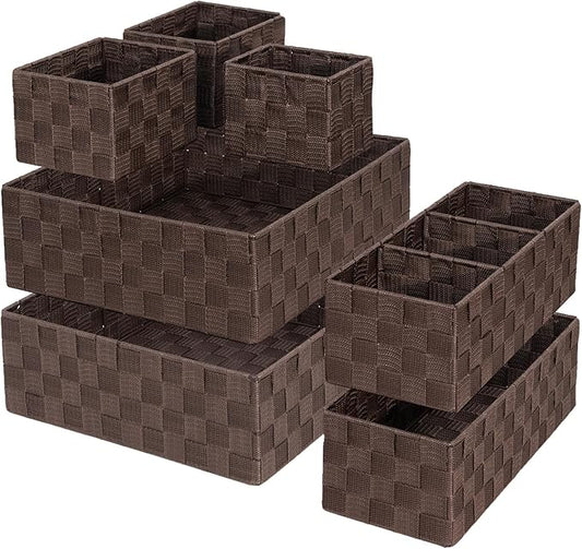 Drawer Organizer, Cube Baskets for Storage Shelves, Handmade Small Woven Basket, Shallow Storage Bins for Organizing Desk, Dresser, Kitchen, Pantry, Nested 7 Pack, Brown