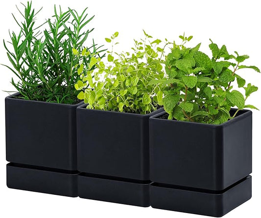 4 Inch Herb Planter Pot, Plastic Planter with Drainage Holes and Saucer, Modern Decorative Gardening Pot for Indoor Plants, Flowers, Herbs, Succulents, Black, Set of 3, 76-Y-B-3