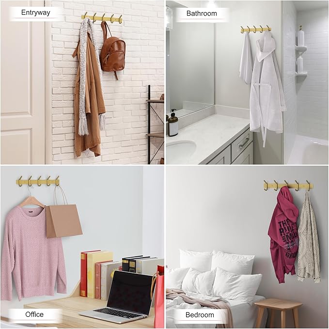 Brushed Gold Wall Mounted Coat Rack – 15 Inch Stainless Steel Rail with 5 Double Coat Hooks for Entryway, Bathroom, Bedroom, Kitchen – Modern Gold Hook Rack for Coats, Hats, Towels