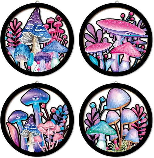 HPNIUB Abstract Whimsical Mushroom Cottage Wall Decor, Watercolor Moody Botanical Plant Moss Hanging Sign, 4 Pieces 10''x10'' Vintage Farmhouse Magical Mushroom Artwork for Bedroom Nursery Home Decor