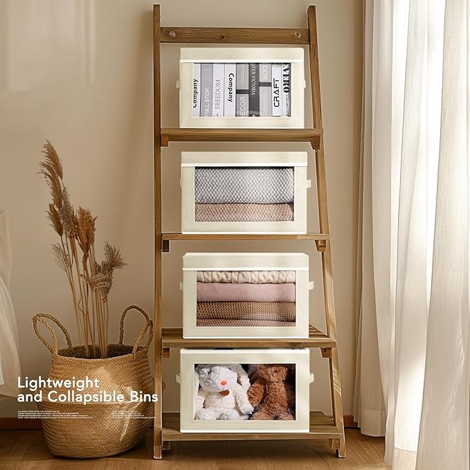 Large Storage Baskets Bins with Lids - Stackable Cube Bins for Closet, 3 Pack Beige Windows Organizer Bins, Home Organizers and Storage for Clothes, CD, Towels