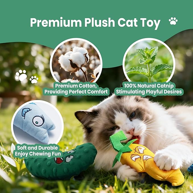 Catnip Toys Set of 3 – Fish, Chili Pepper and Cucumber Plush Cat Toys for Indoor Cats, Natural Catnip Filled Interactive Chew and Teething Toys for Kittens