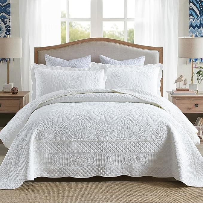 MarCielo 100% Cotton Quilt Set - 3-Piece Embroidered Farmhouse Bedspread & Shams, All-Season Breathable Bedding (Tf Bright White,King)