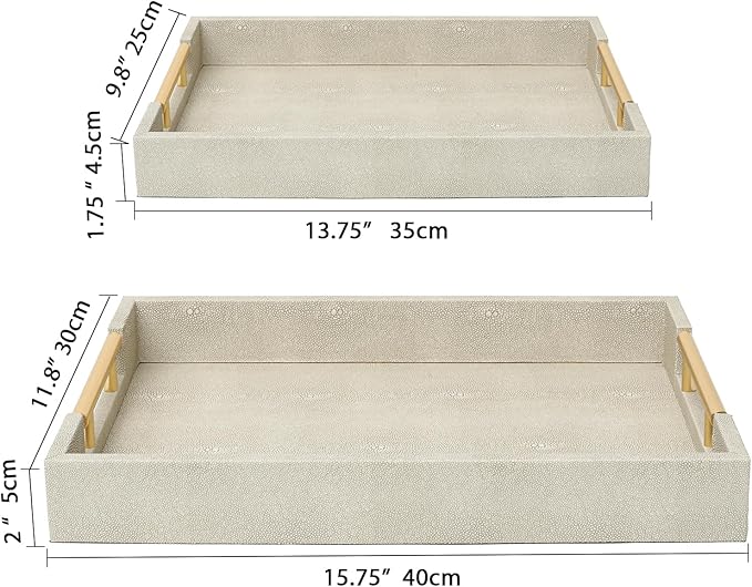 SwallowLiving Set of 2 Shagreen Serving Tray with Gold Polished Metal Handles Ivory Wood Decorative Tray PU Leather with Brushed Gold for Coffee Table Ottoman Console Table