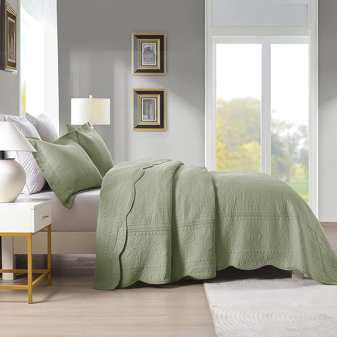 MarCielo 3-Piece 100% Cotton Oversized Bedspread Lightweight Quilt Coverlet Embroidery Farmhouse Bedding Set (TG Pale Green, Oversized Queen (100"x106"))