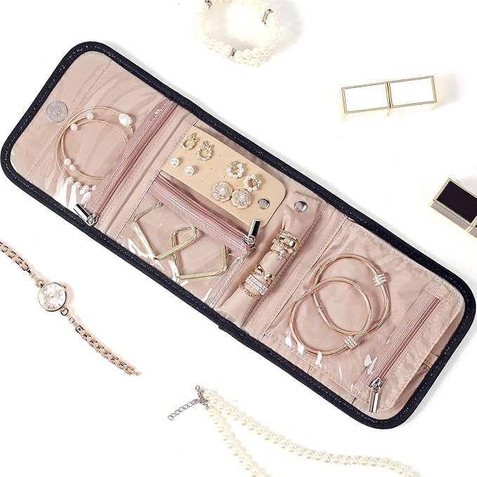 BELALIFE Travel Jewelry Case Organizer, Small Foldable Storage Roll for Earrings, Necklaces, Rings, Bracelets, Brooches, Black