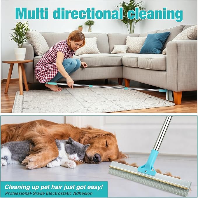 Double-Sided Pet Hair Removal Tool,Adjustable Height Carpet Pet Hair Removal Silicone Broom,Dog Cat Hair Remover Broom for Carpets, Floor Mats,Couch,Floor Squeegee (Blue Carpet Rake)