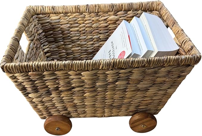 Wicker Toys Storage with Removable Wheels, Set of 2, Heavy Duty Hyacinth Storage Baskets for Organizing, Storage Woven Basket, Rattan Basket, Toys Storage (Water Hyacinth)