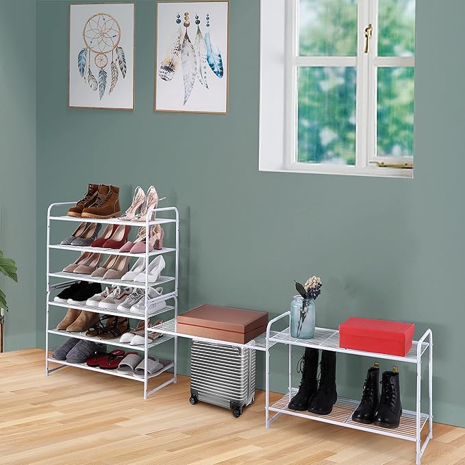Simple Trending 3-Tier Stackable Shoe Rack, Expandable & Adjustable Shoe Shelf Storage Organizer, Wire Grid, White