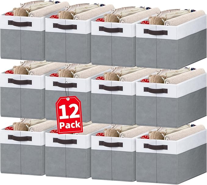 Criusia 12 Pack Large Storage Baskets for Shelves | Fabric Closet Organizers and Storage Bins with Handles for Home Organization | Decorative Collapsible Basket for Organizing Clothes Toy Nursery