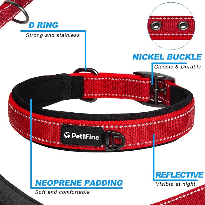 PetiFine Dog Collar for Large Dogs, Neoprene Padded and Adjustable, Reflective Wide Heavy Duty Pet Collars with Durable Metal Belt Buckle for Walking, Red, L