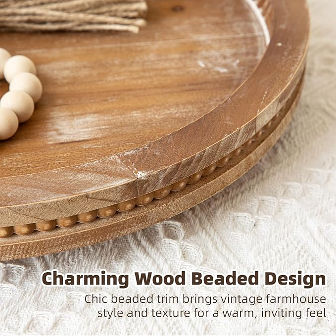 2 Piece Oval Torched Wooden Serving Tray Set with Beaded Design, Centerpiece Table Decorations Tray for Living Room Ottoman, Coffee Table Tray for Farmhouse Home Decor