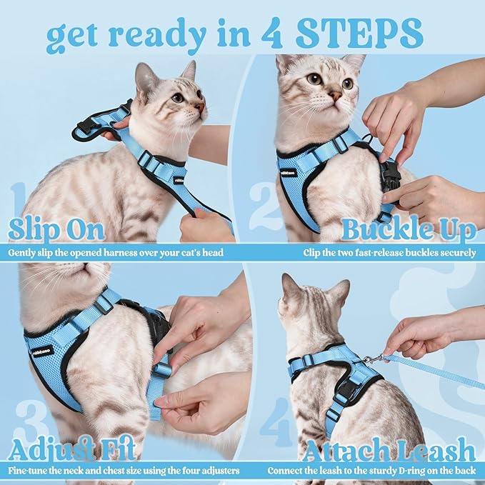 rabbitgoo Cat Harness and Leash for Walking, Escape Proof Soft Adjustable Vest Harnesses for Cats, Easy Control Breathable Reflective Strips Jacket, Light Blue,M