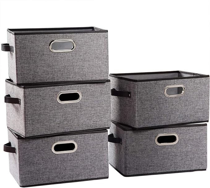 PRANDOM Large Collapsible Storage Baskets for Closet [5-pack] Decorative Fabric Storage Bins Cubes with Leather/Metal Handles for Shelves Bedroom Living Room Grey (14.9x9.8x8.3 Inch)