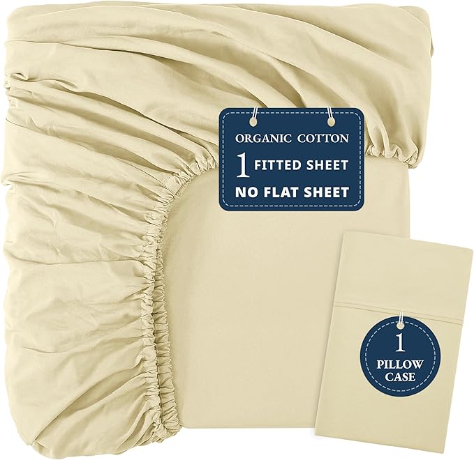LANE LINEN Twin XL Fitted Sheet, 100% Organic Cotton 2-Piece Set (1 Fitted Sheet, 1 Pillowcase), Percale Weave, Bottom Sheet, Soft, Breathable, Fits Mattress Upto 15" Deep - Vanilla (No Flat Sheet)