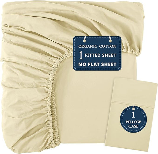 LANE LINEN Twin XL Fitted Sheet, 100% Organic Cotton 2-Piece Set (1 Fitted Sheet, 1 Pillowcase), Percale Weave, Bottom Sheet, Soft, Breathable, Fits Mattress Upto 15" Deep - Vanilla (No Flat Sheet)