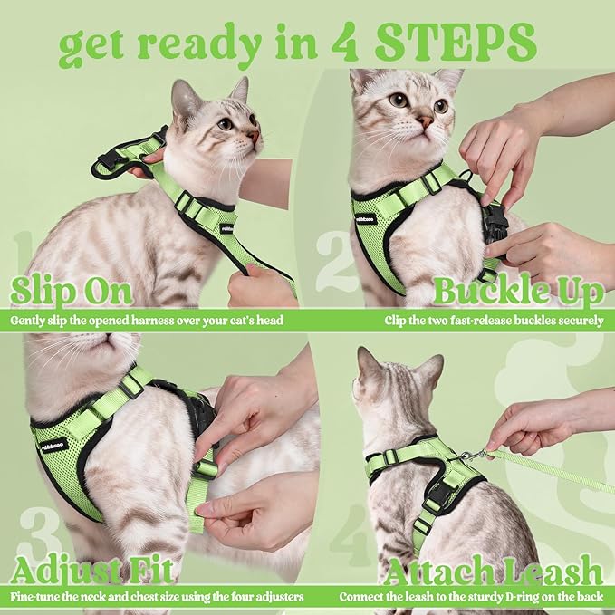 rabbitgoo Cat Harness and Leash for Walking, Escape Proof Soft Adjustable Vest Harnesses for Cats, Easy Control Breathable Reflective Strips Jacket, Light Green, XS